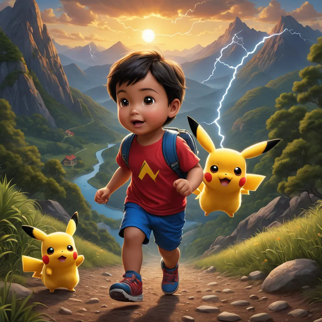 a boy is walking with two pikachu on a trail in the mountains with lightning behind him and a mountain with a lightning bolt in the background, photorealism, a digital painting, Chris LaBrooy, rossdraws global illumination