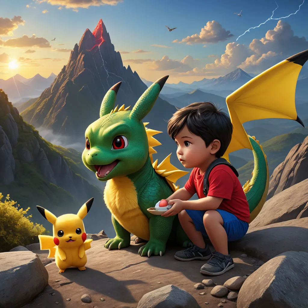 a boy sitting on a rock next to a stuffed dragon and a pikachu toy in front of a mountain, photorealism, concept art, Chris LaBrooy, key art