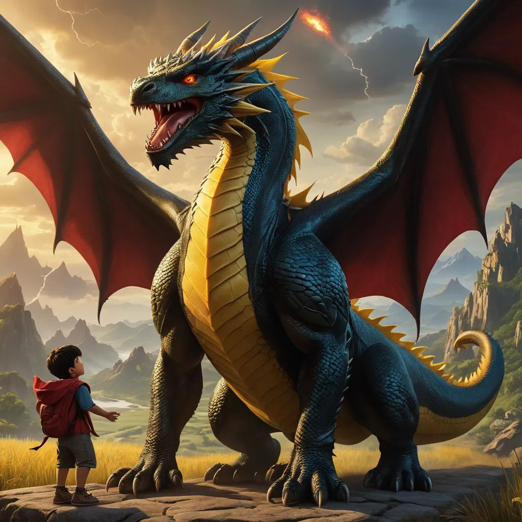 a boy and a dragon in a fantasy setting with a mountain in the background and a lightning bolt in the sky, fantasy art, a storybook illustration, Clint Cearley, dragon art