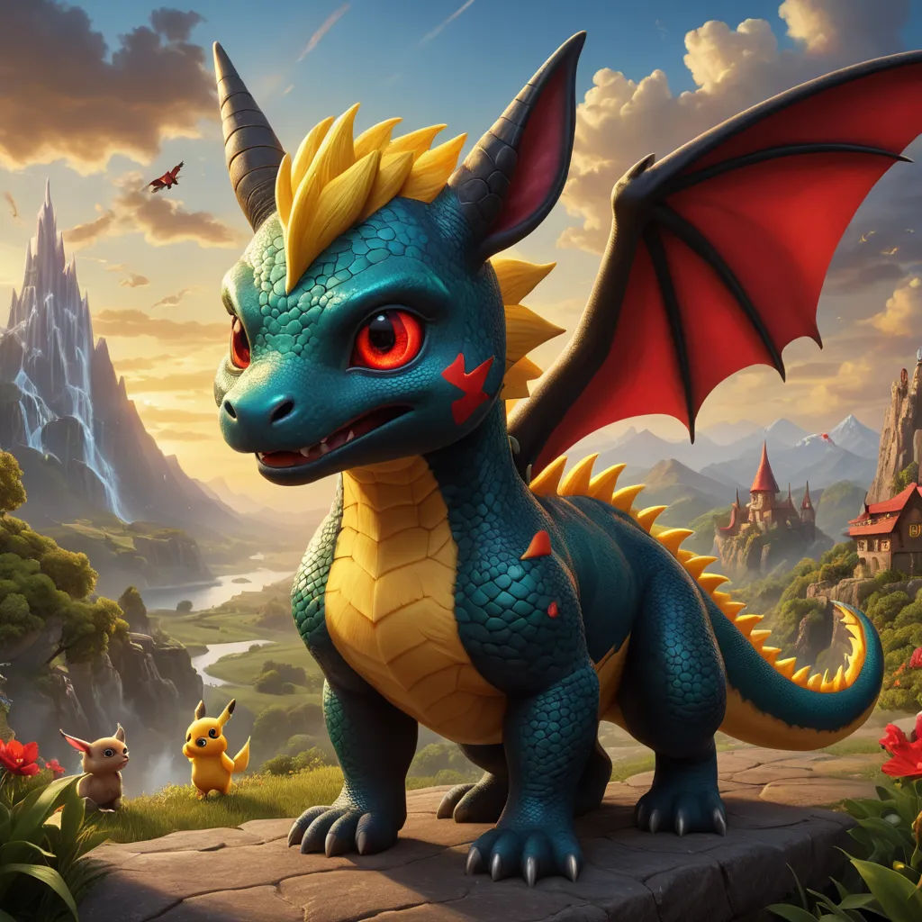 a blue dragon with red eyes standing on a rock in front of a castle and a mountain with a bird flying over it, sots art, concept art, Chris LaBrooy, key art