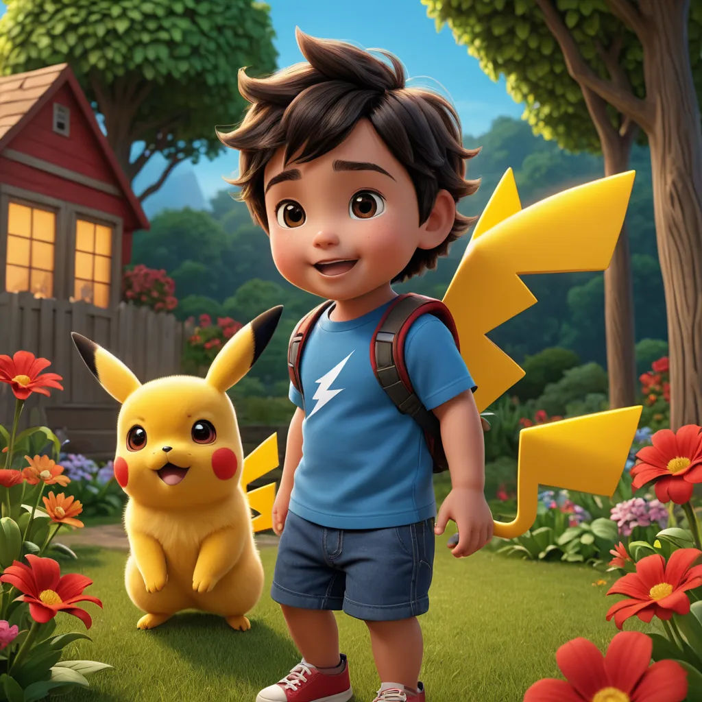 a boy in a blue shirt and a yellow pokemon pikachu in a field of flowers and trees, photorealism, concept art, Chris LaBrooy, promotional image