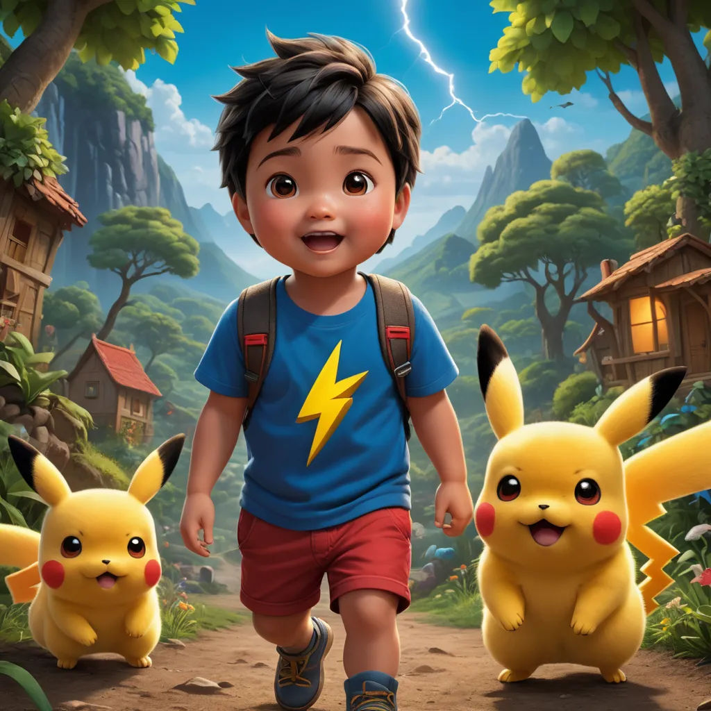 a boy is walking with two pikachu in front of him and a house in the background with a lightning bolt, shock art, poster art, Chris LaBrooy, key art