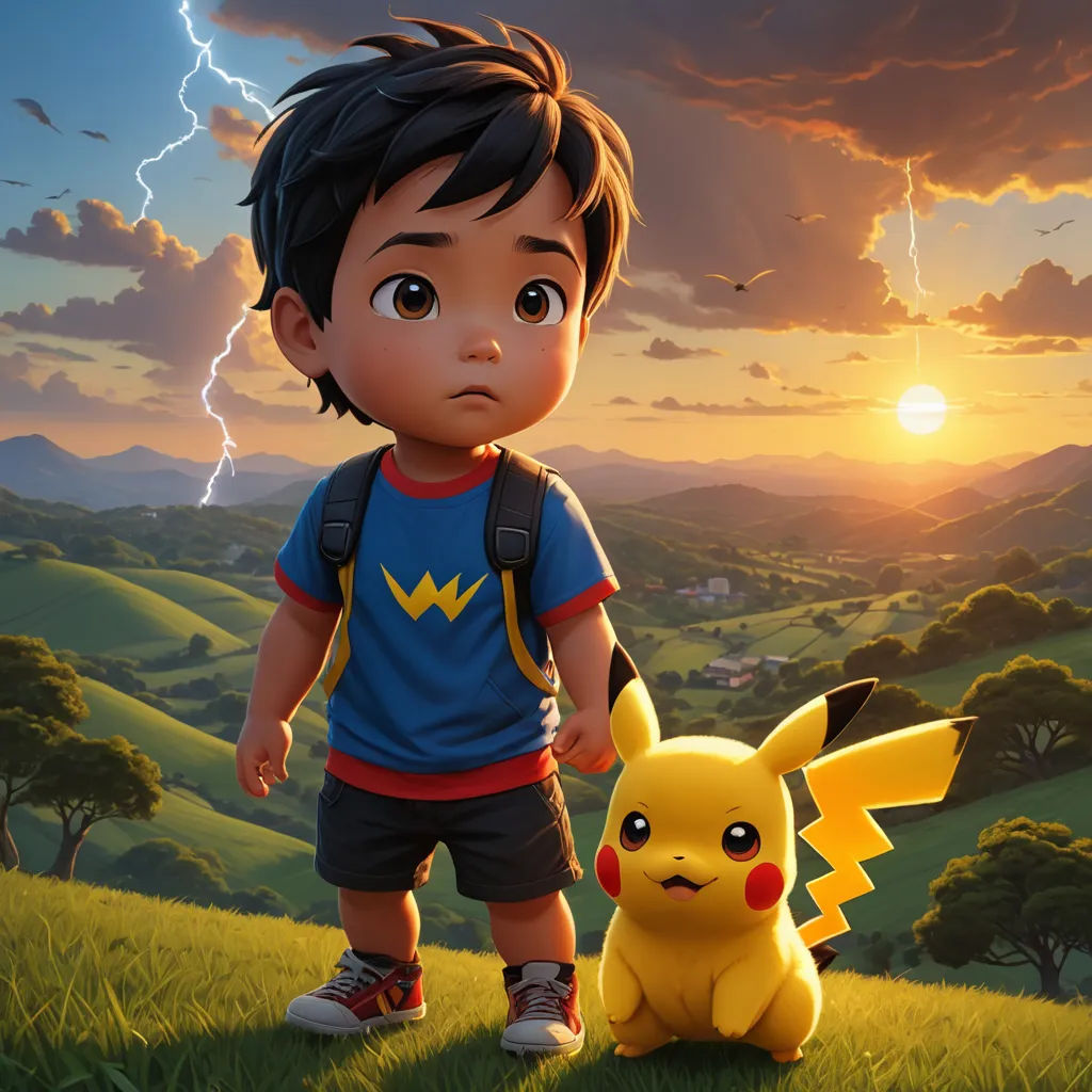 a boy standing next to a pikachu in a field with a sunset in the background and a lightning bolt in the sky, photorealism, a painting, Eddie Mendoza, key art