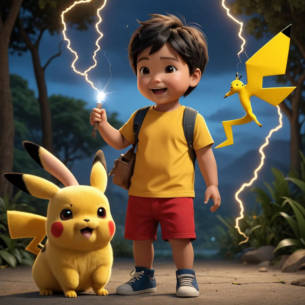 a boy in a yellow shirt and red shorts holding a pokemon toy and a yellow pikachu toy, photorealism, a poster, Akira Toriyama, promotional image