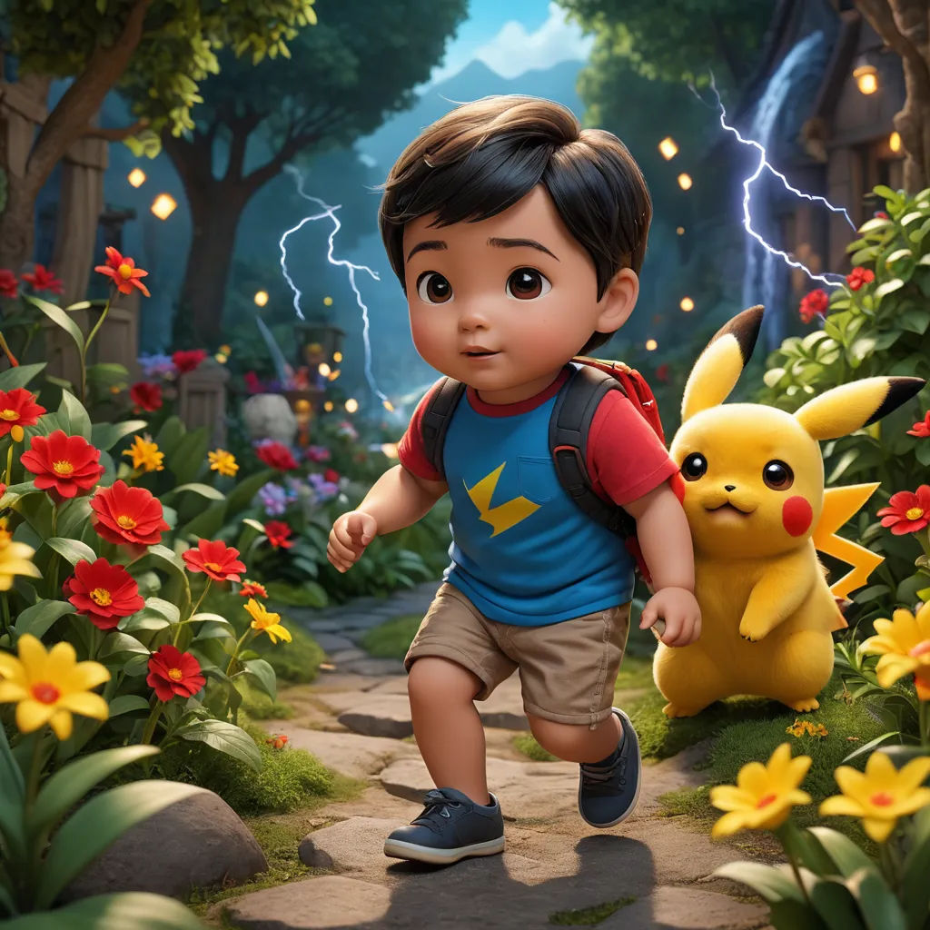 a boy is walking through a garden with a pokemon doll in front of him and a pikachu, photorealism, poster art, Chris LaBrooy, unreal engine highly rendered