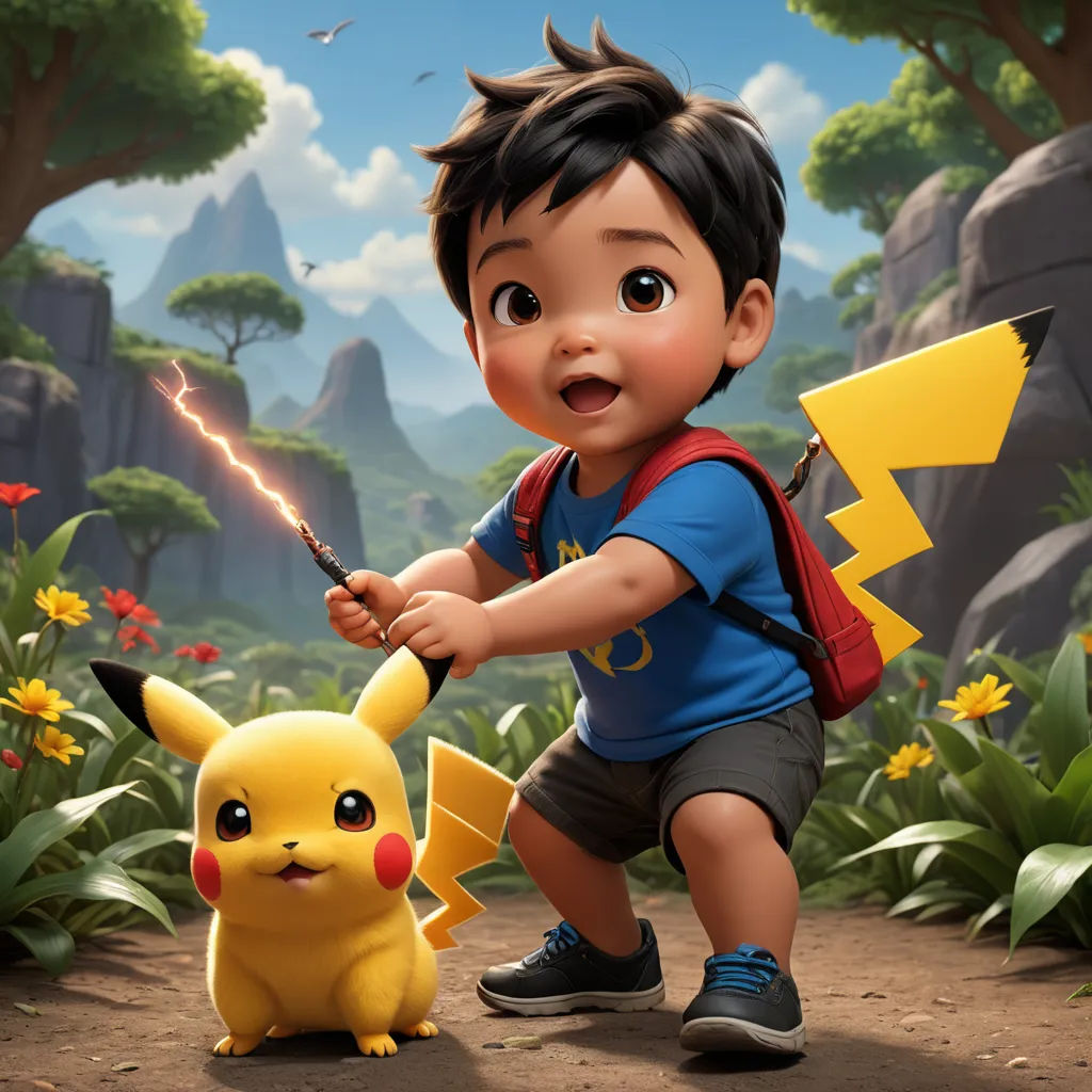 a boy holding a lite up a pokemon toy in front of a cartoon scene of a forest with a pikachu and a pokemon figure, photorealism, a photorealistic painting, Chris LaBrooy, key art