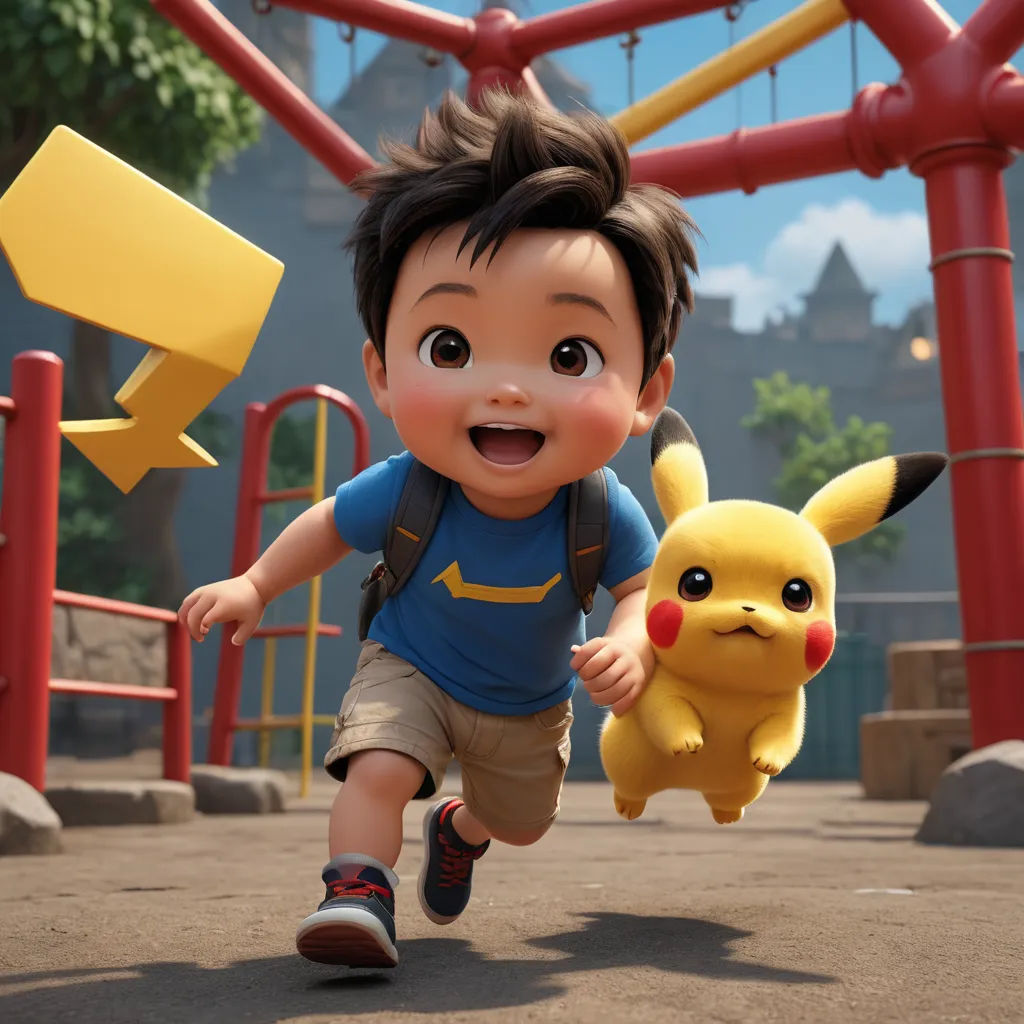 a boy running with a pikachu toy in front of him in a playground area with a playground structure in the background, photorealism, a screenshot, Chris LaBrooy, unreal engine highly rendered