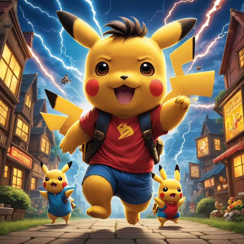 a cartoon character is running with pikachu and other pokemon characters in the background of a city street, shock art, concept art, Chris LaBrooy, official art