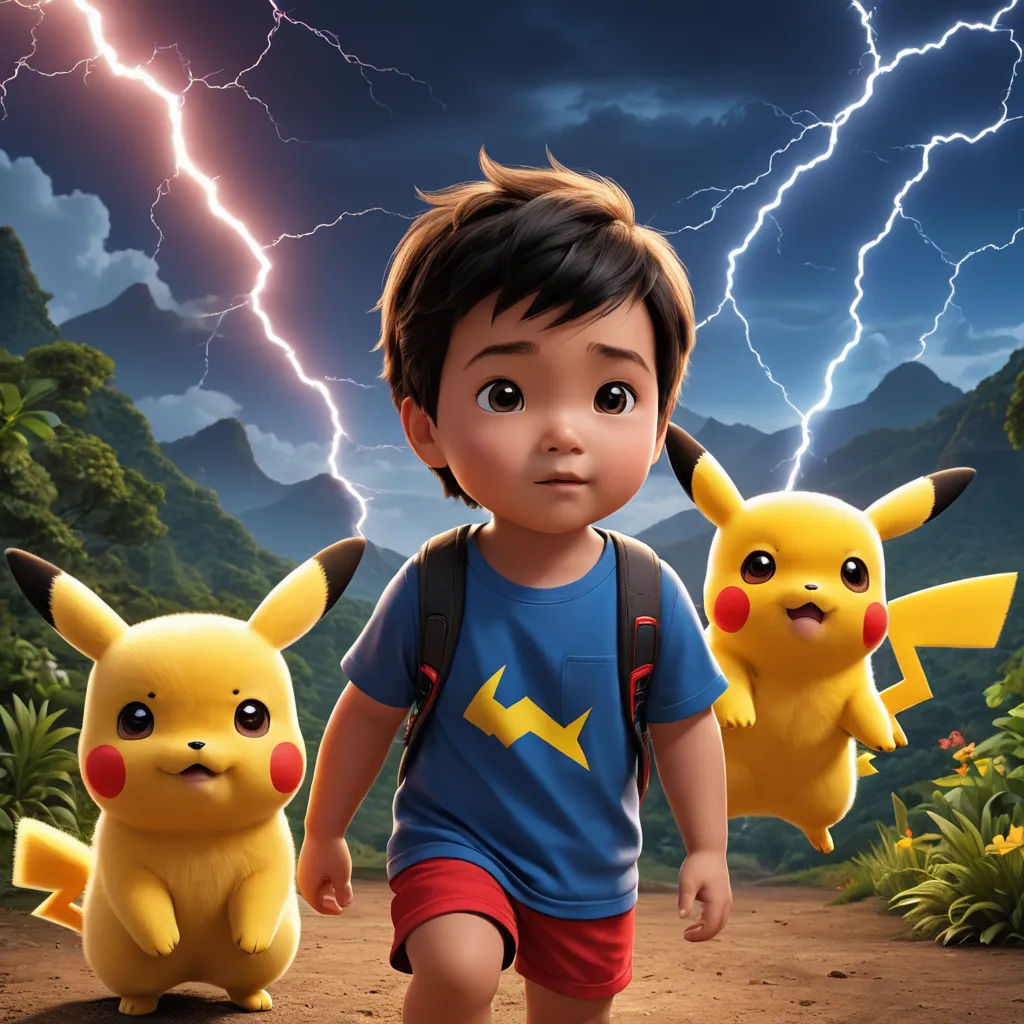 a boy and a girl are walking in front of a lightning storm with pikachu and pikachu, shock art, poster art, Chris LaBrooy, key art