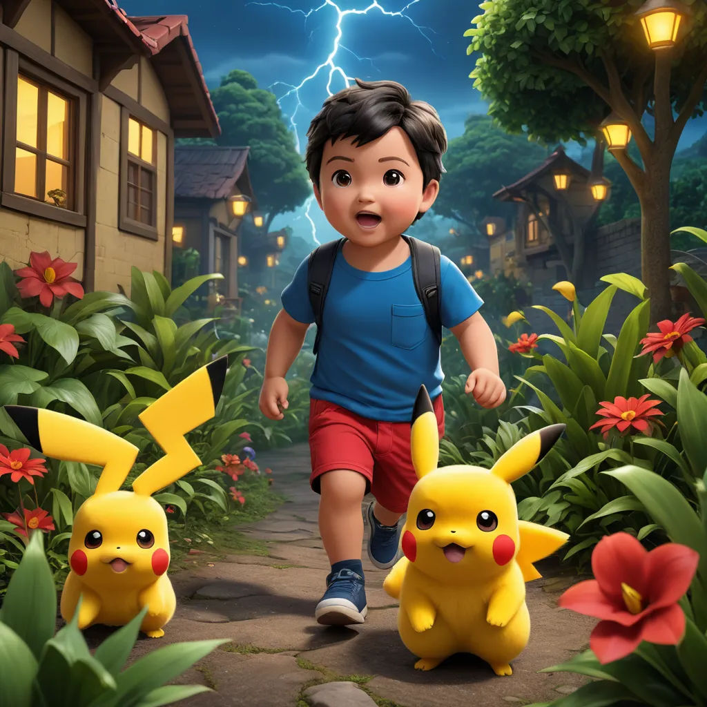 a boy and a girl are walking through a garden with pokemon toys in front of a house with a lightning, photorealism, a digital rendering, Chris LaBrooy, key art