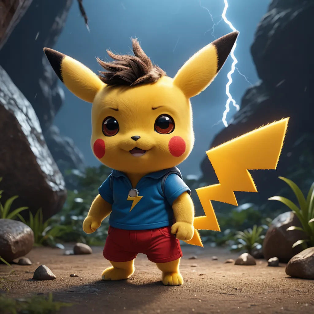 a little pikachu doll standing in a field of rocks and grass with a lightning bolt in the background, shock art, a 3D render, Chris LaBrooy, unreal engine 5 quality render