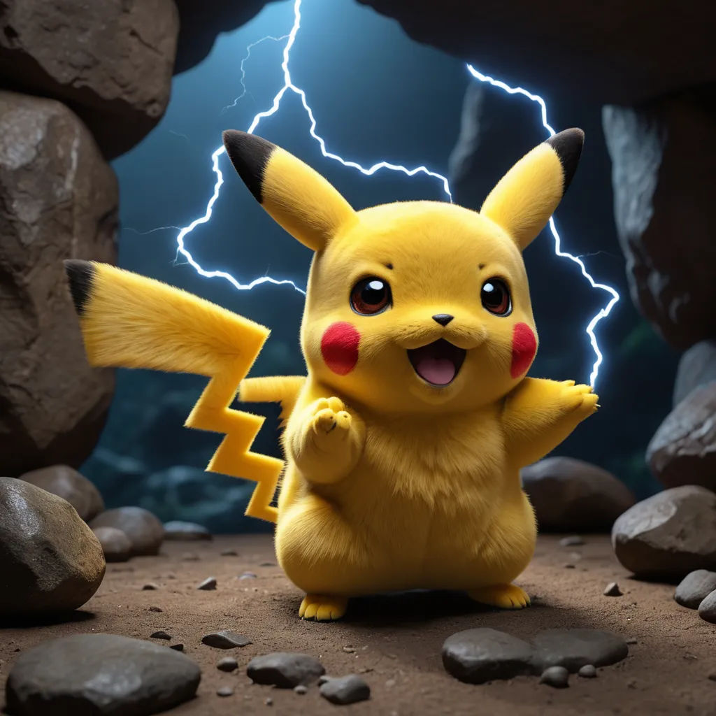 a pikachu is standing on a rock with lightning in the background and a rock wall behind it, shock art, a 3D render, Chris LaBrooy, unreal engine 5 quality render