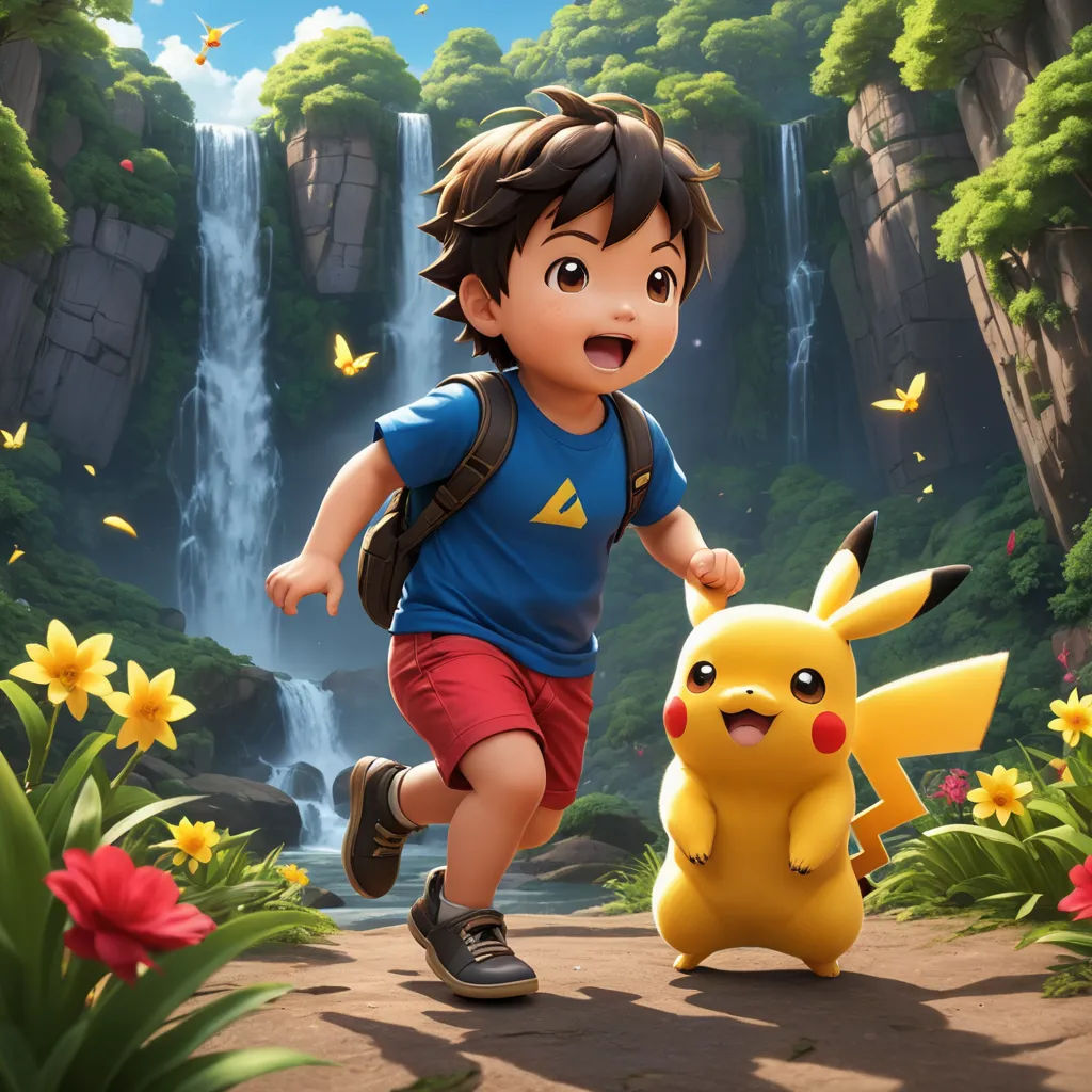 a boy running with a pokemon pikachu in front of a waterfall and flowers in the background,, photorealism, concept art, Chris LaBrooy, official art