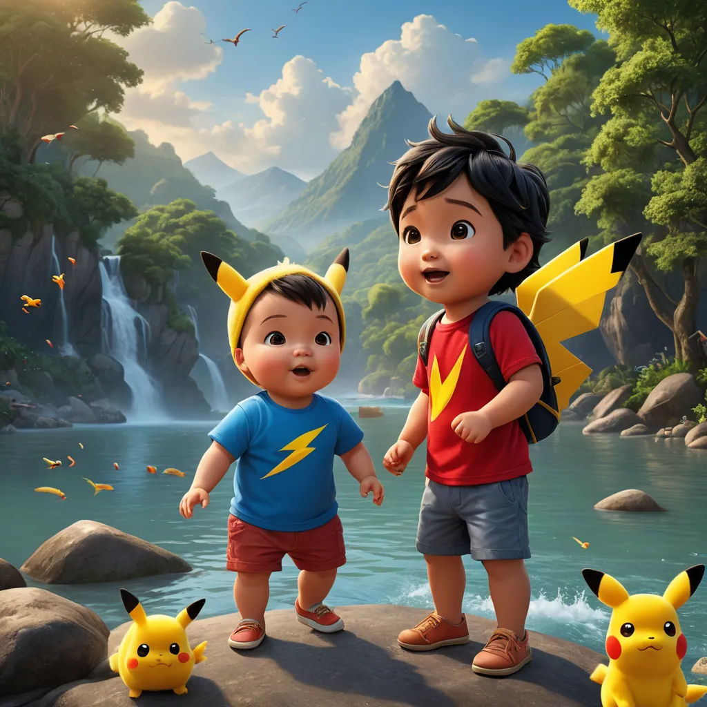 a boy and a girl are standing on a rock with pikachu and pikachu in front of a waterfall, photorealism, a detailed matte painting, Chris LaBrooy, promotional image