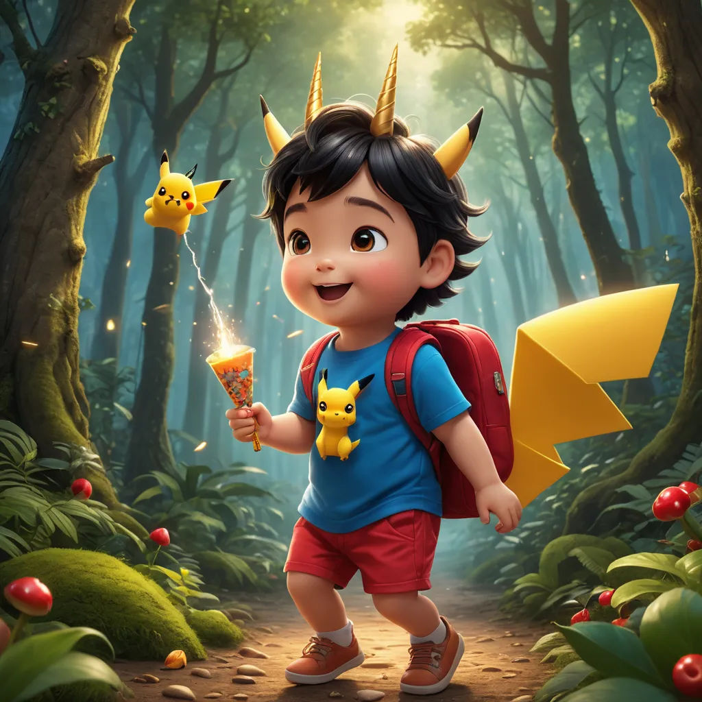 a cartoon character holding a piece of food in a forest with pokemon pikachu on it's back, fantasy art, concept art, Chris LaBrooy, official art