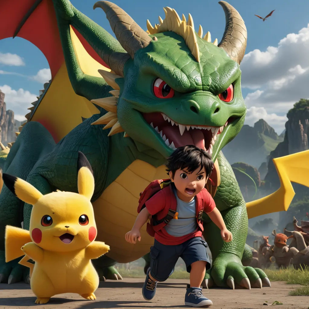 a boy and a girl are in front of a large dragon and a pikachu character in a scene from the movie pokemon, photorealism, computer graphics, Chris LaBrooy, pokemon