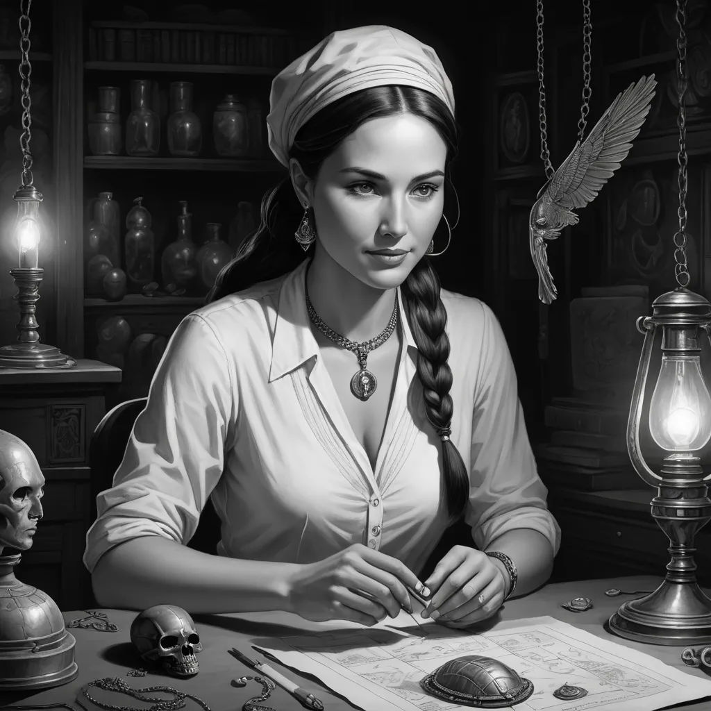 a woman sitting at a desk with a skull and a pen in her hand and a skull on the table, fantasy art, an ultrafine detailed painting, Chris Rallis, highly detailed digital painting
