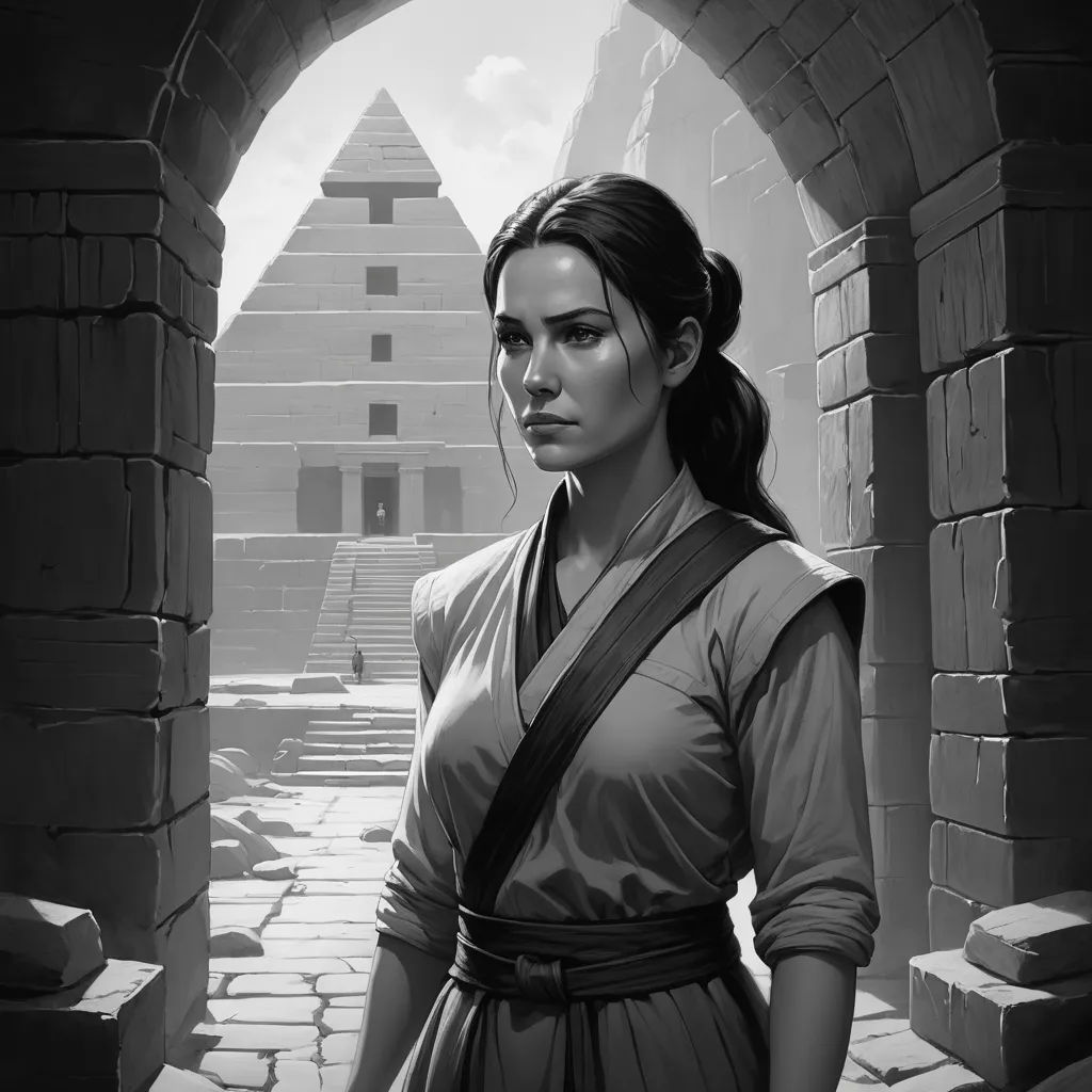 a woman in a dress standing in a doorway with a stone wall and steps behind her, with a building in the background, altermodern, concept art, Charlie Bowater, art greg rutkowski
