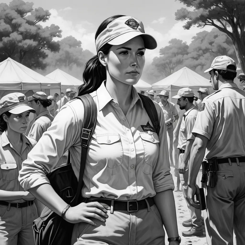 a woman in uniform standing in front of a crowd of people in a field with tents in the background, american scene painting, an ultrafine detailed painting, David Palumbo, ultra realistic illustration