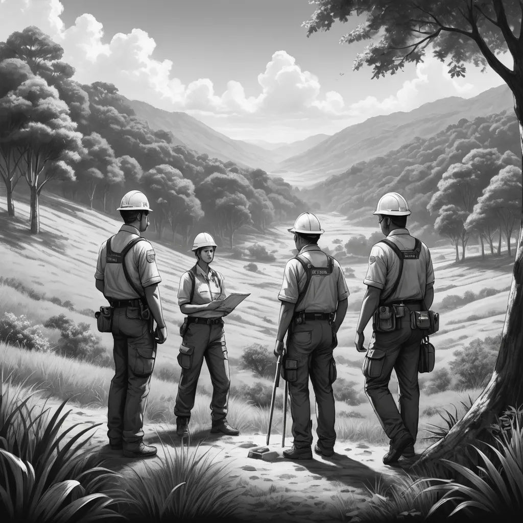 a group of men standing next to each other in a forest under a cloudy sky with mountains in the background, serial art, an ultrafine detailed painting, Christophe Vacher, ambient occlusion