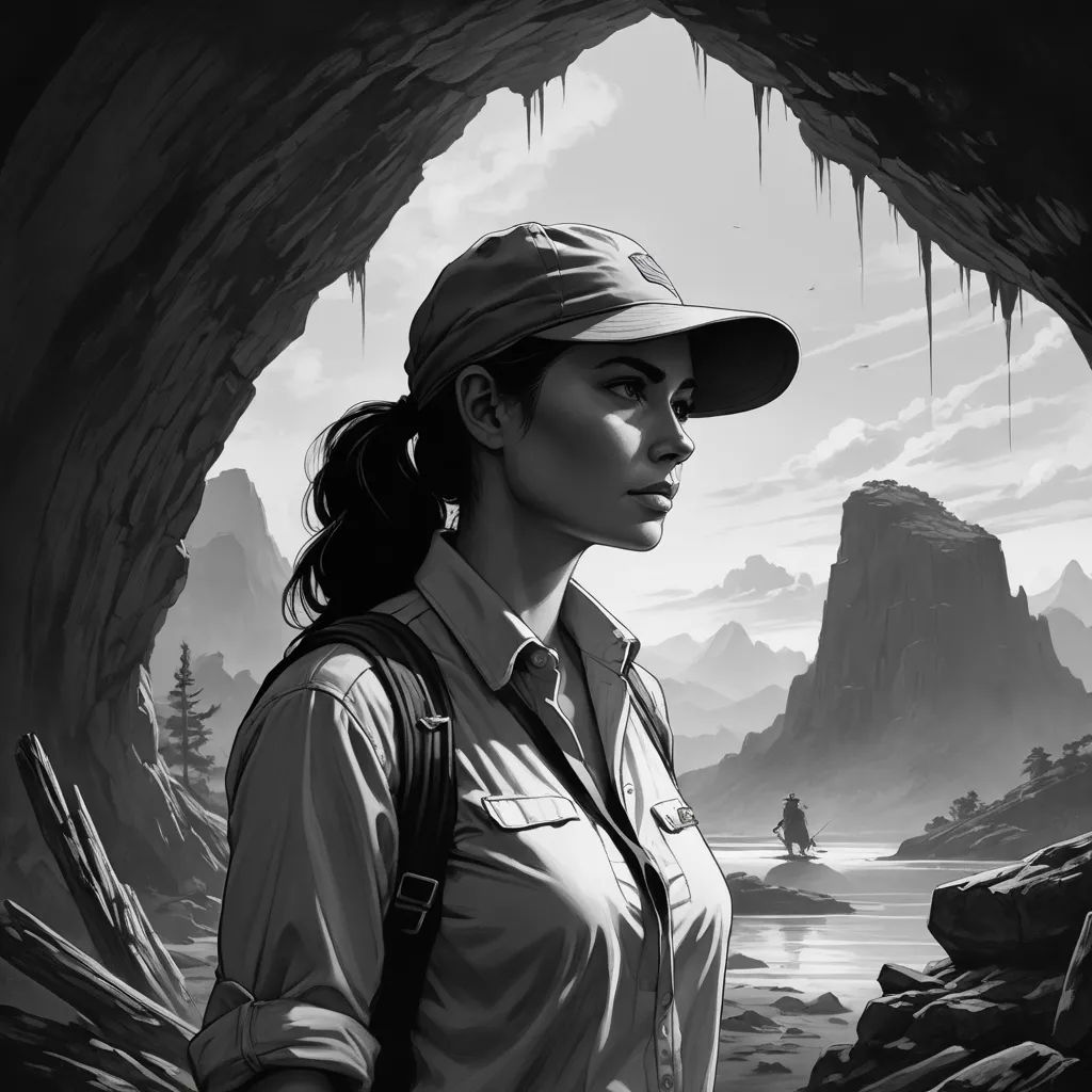 a woman in a hat standing in a cave with a mountain view in the background and a lake in the foreground, serial art, an ultrafine detailed painting, David Palumbo, highly detailed digital painting