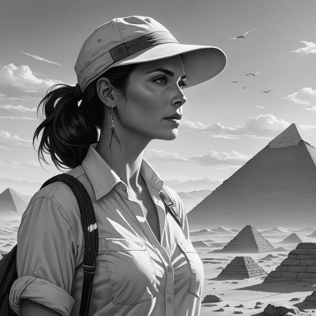 a woman in a hat standing in front of a pyramids and birds in the sky with a bird flying overhead, serial art, an ultrafine detailed painting, David Palumbo, highly detailed digital painting