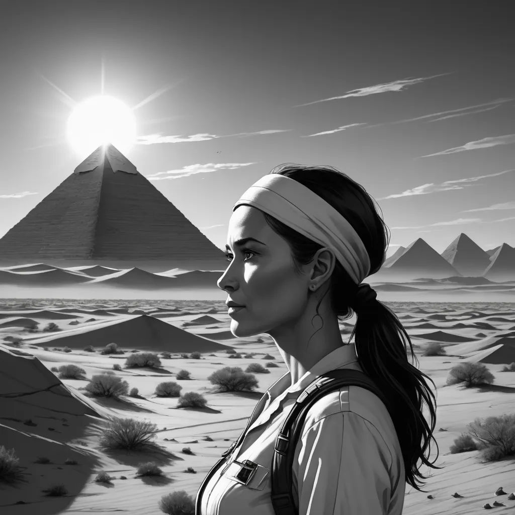 a woman with a headband standing in the desert with a pyramid in the background and a sun in the sky, serial art, egyptian art, Dirk Crabeth, promotional image