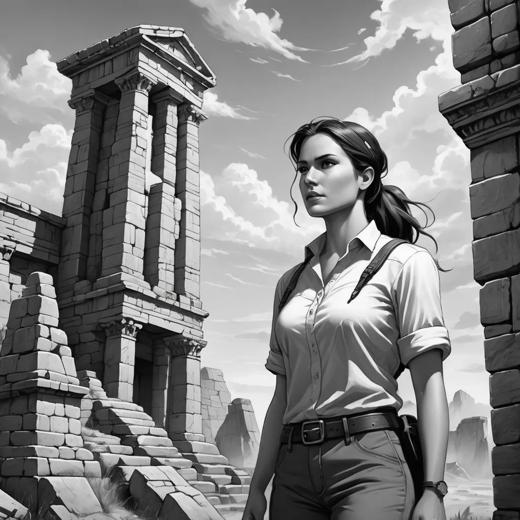 a woman standing in front of a stone structure with a dog in front of it and a sky background, serial art, a black and white photo, David Palumbo, key art