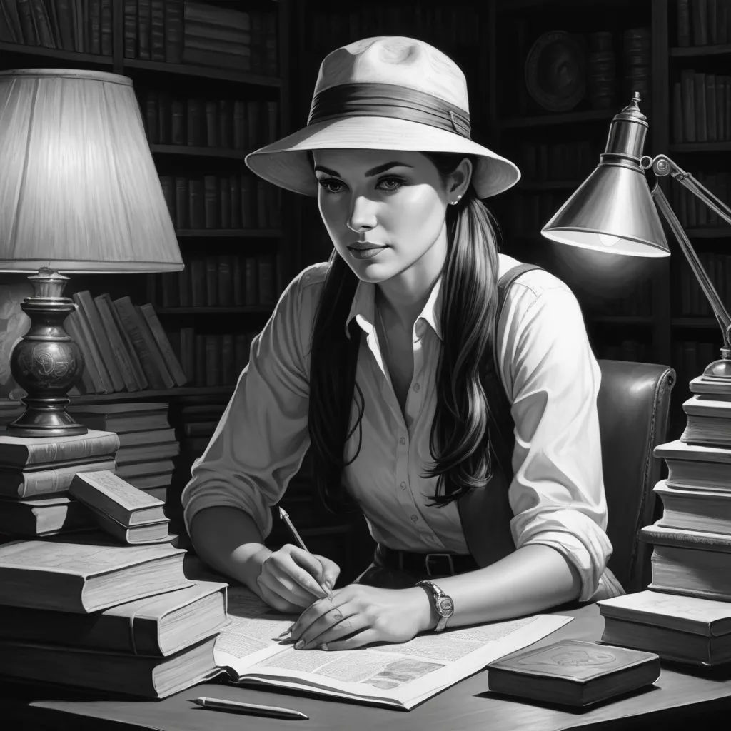 a woman sitting at a desk with a book and a lamp in front of her and a book on the desk, figurative art, an ultrafine detailed painting, F. Scott Hess, stanley artgerm lau