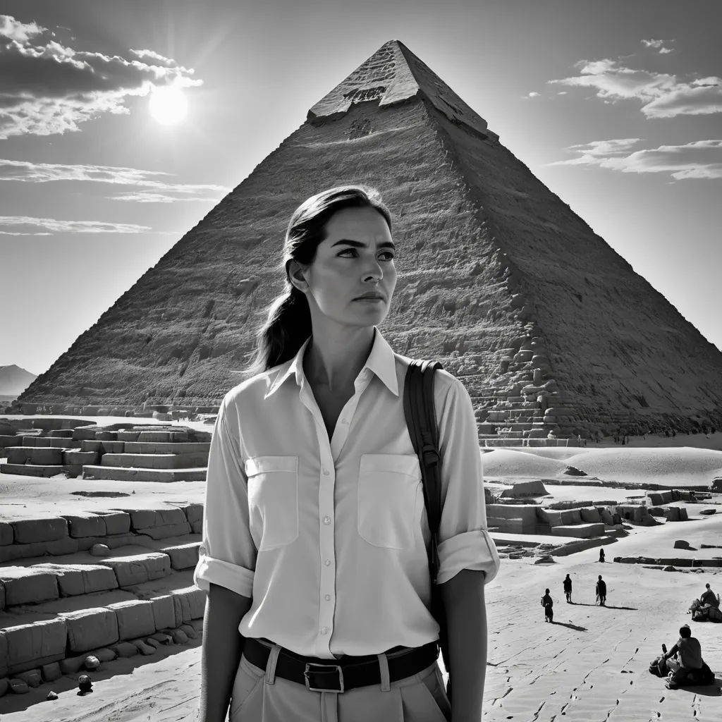 a woman standing in front of a pyramid in egypt with a camera on her shoulder and a backpack on her shoulder, land art, egyptian art, Eva Gonzalès, promotional image