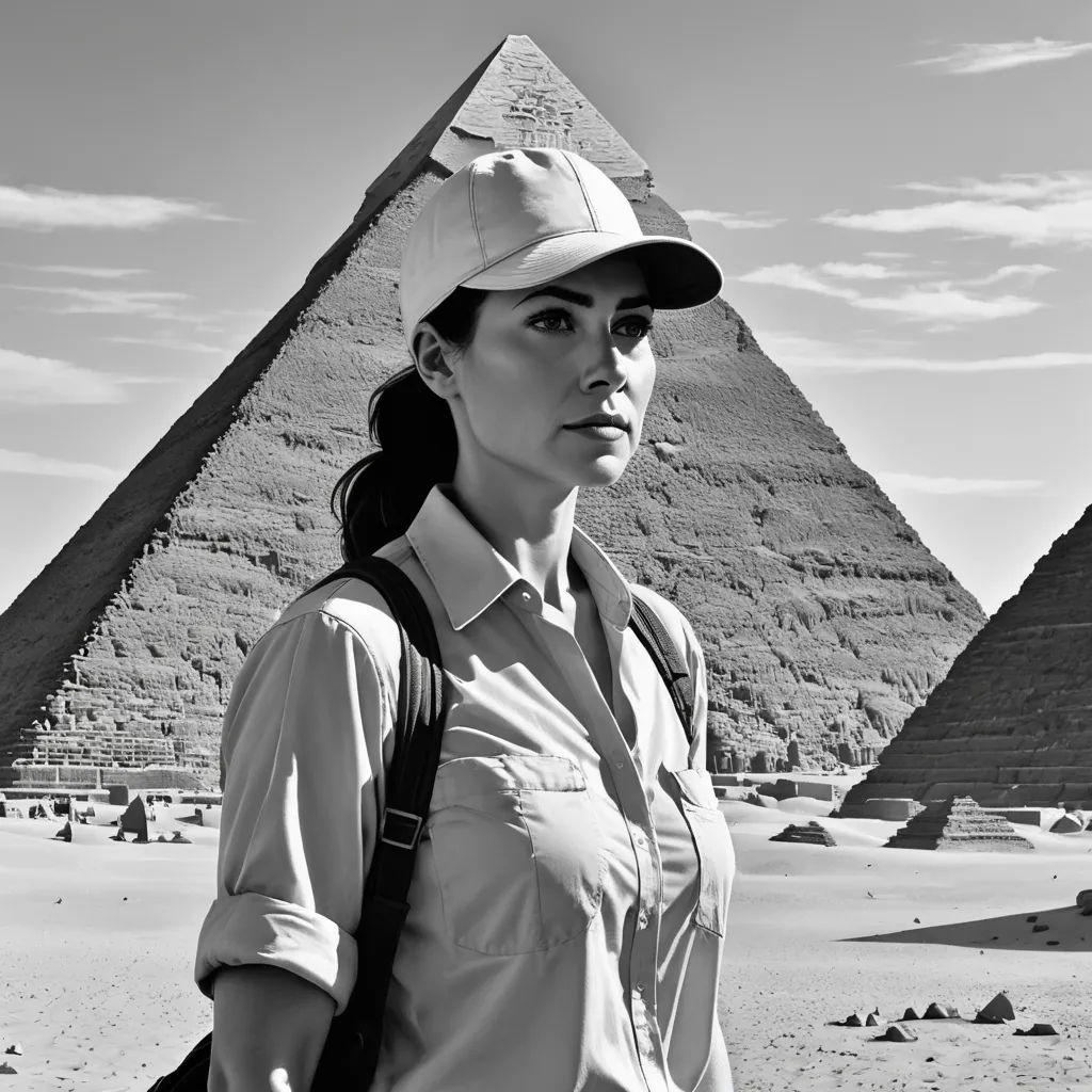 a woman in a hat standing in front of a pyramid in egypt, with a camera on her shoulder, neo-primitivism, a black and white photo, Araceli Gilbert, promotional image