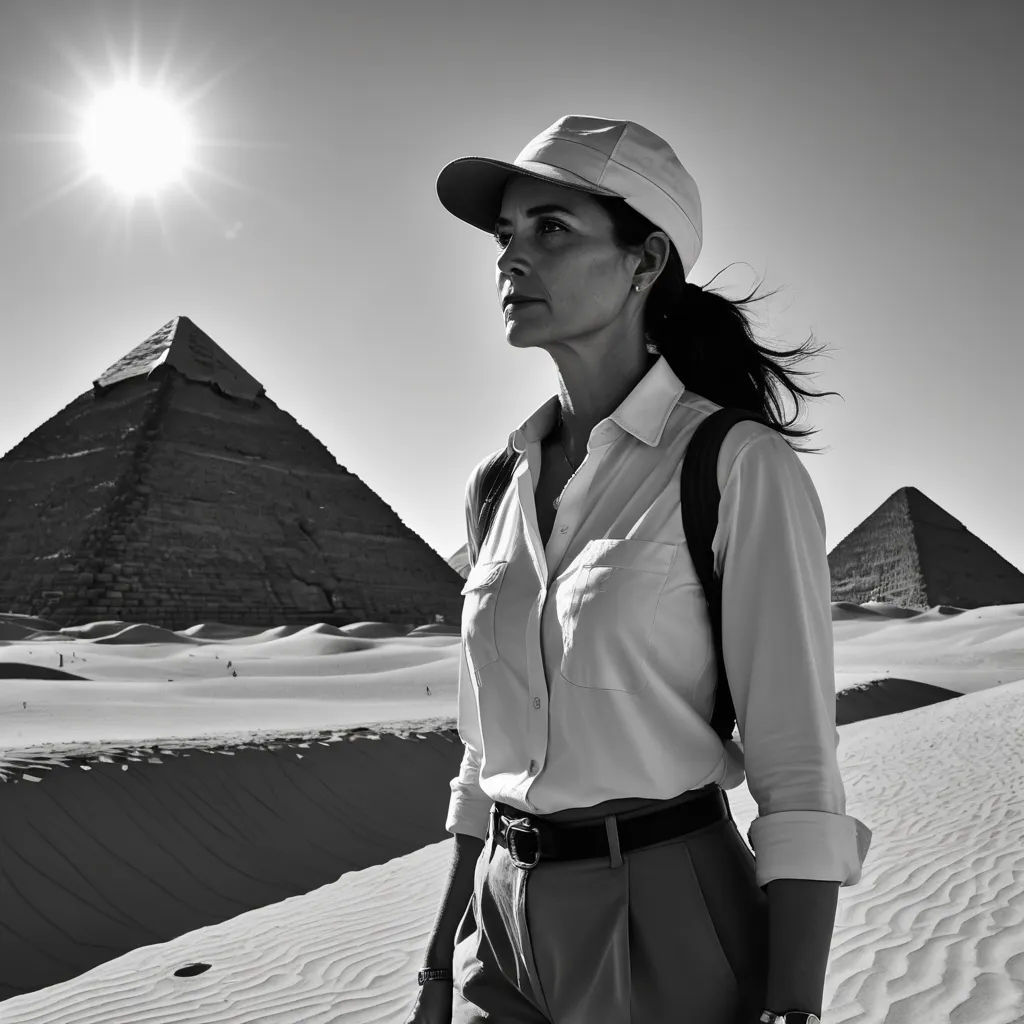 a woman standing in front of a pyramid in the desert with a hat on her head and a backpack on her shoulder, serial art, a black and white photo, Annie Leibovitz, promotional image