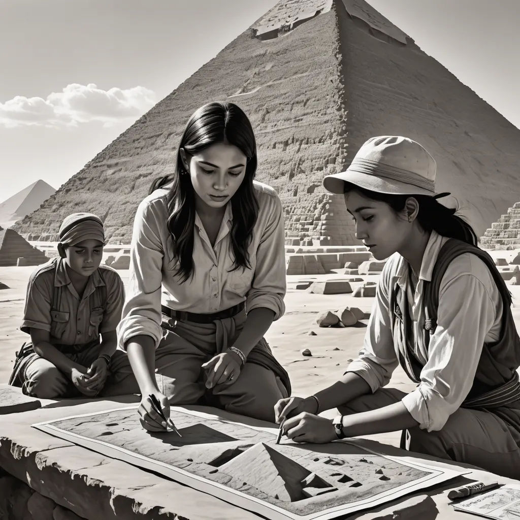 a woman sitting on a table next to a woman in a hat and a man in a hat and a woman in a hat, academic art, a black and white photo, Art & Language, promotional image