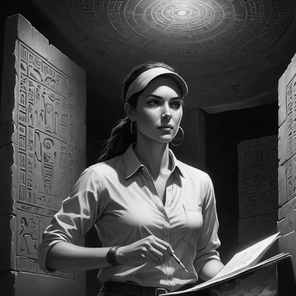 a woman in a shirt and headband holding a book in a room with egyptian writing on the walls, academic art, an ultrafine detailed painting, Artgerm, stanley artgerm lau
