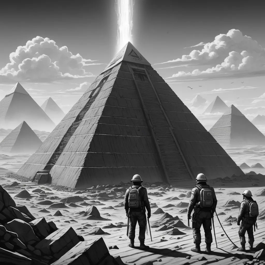 three men standing in front of a pyramid in the desert with a sky background and a light beam above them, psychedelic art, a detailed matte painting, Filip Hodas, ambient occlusion