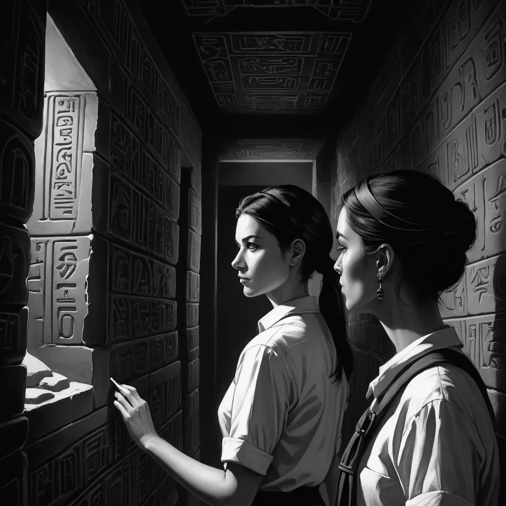 two women looking at a wall with egyptian writing on it and a man looking at it with a phone, serial art, an ultrafine detailed painting, Brad Kunkle, dystopian art