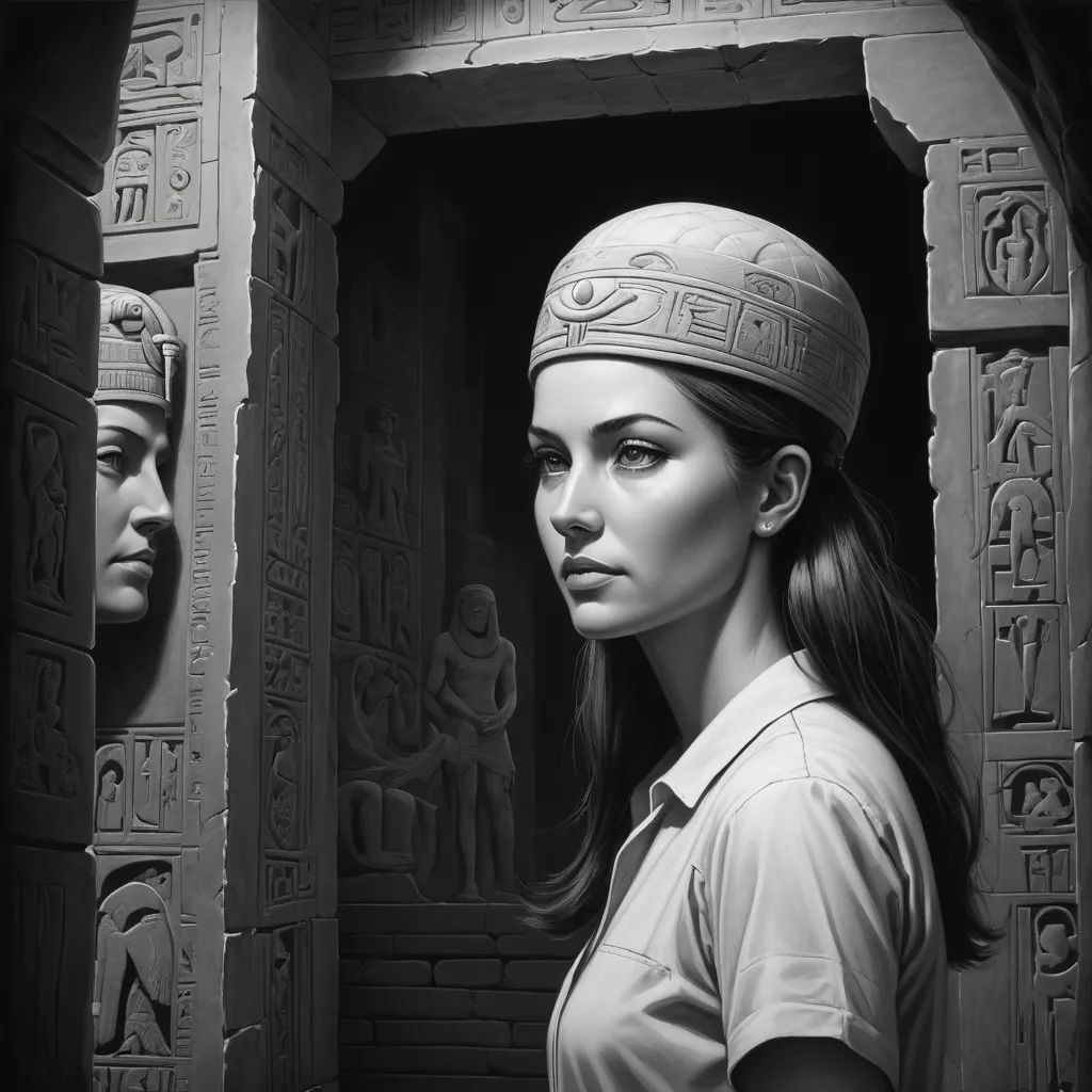 a woman in a hat standing in a doorway with two heads of women behind her and a doorway with egyptian writing on it, figurative art, an ultrafine detailed painting, Brad Kunkle, highly detailed digital painting