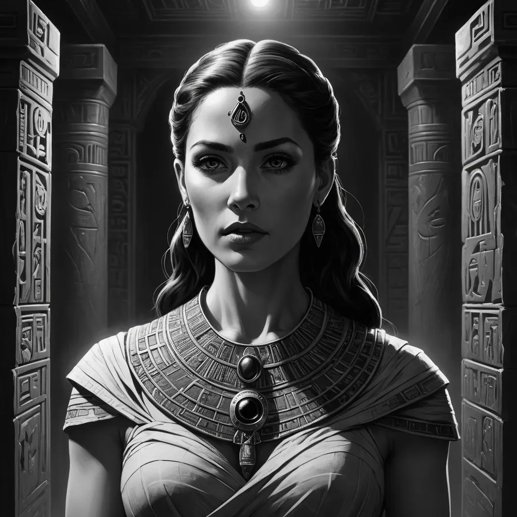 a woman in a dress with a necklace on her neck and a headpiece on her head, in front of a doorway with egyptian designs, fantasy art, egyptian art, Chris Rallis, stanley artgerm lau