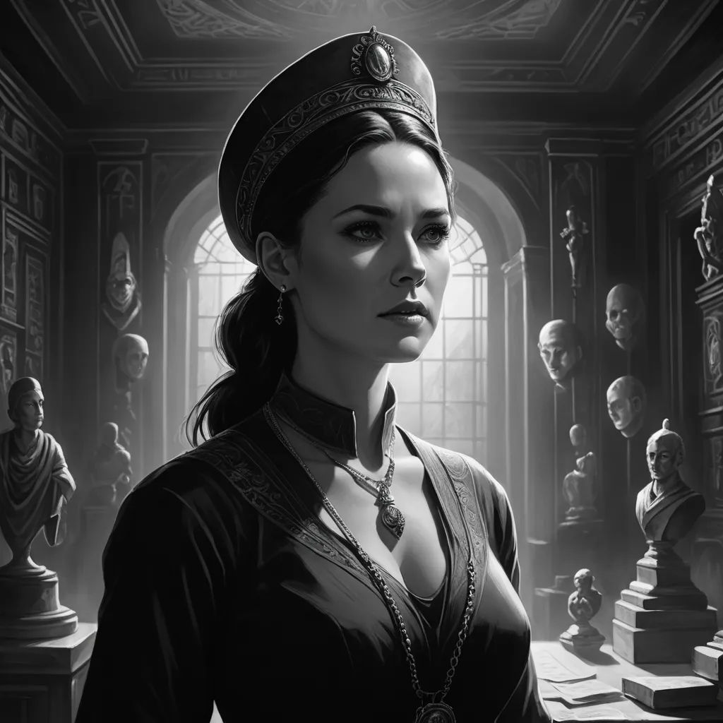 a woman in a black dress and a hat standing in a room with statues and busturines on the walls, fantasy art, an ultrafine detailed painting, Chris Rallis, magic the gathering artwork