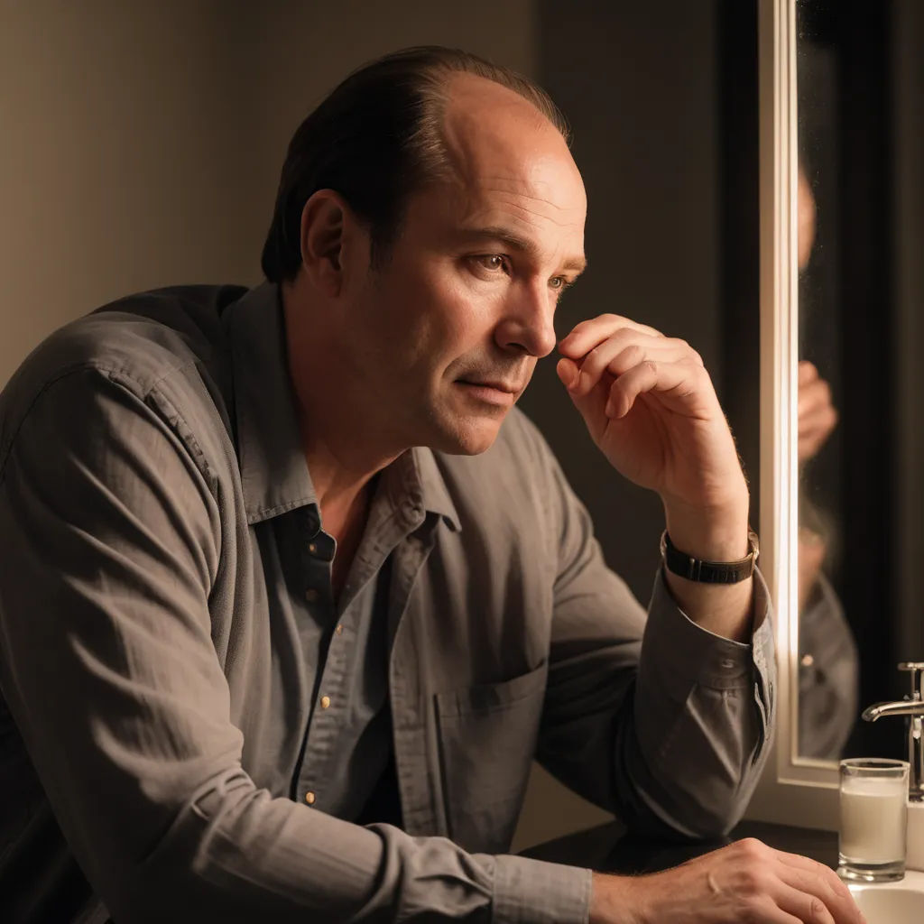 a man sitting in front of a bathroom mirror looking at himself in the mirror and holding his hand to his face, neoplasticism, a character portrait, David Annand, promotional image