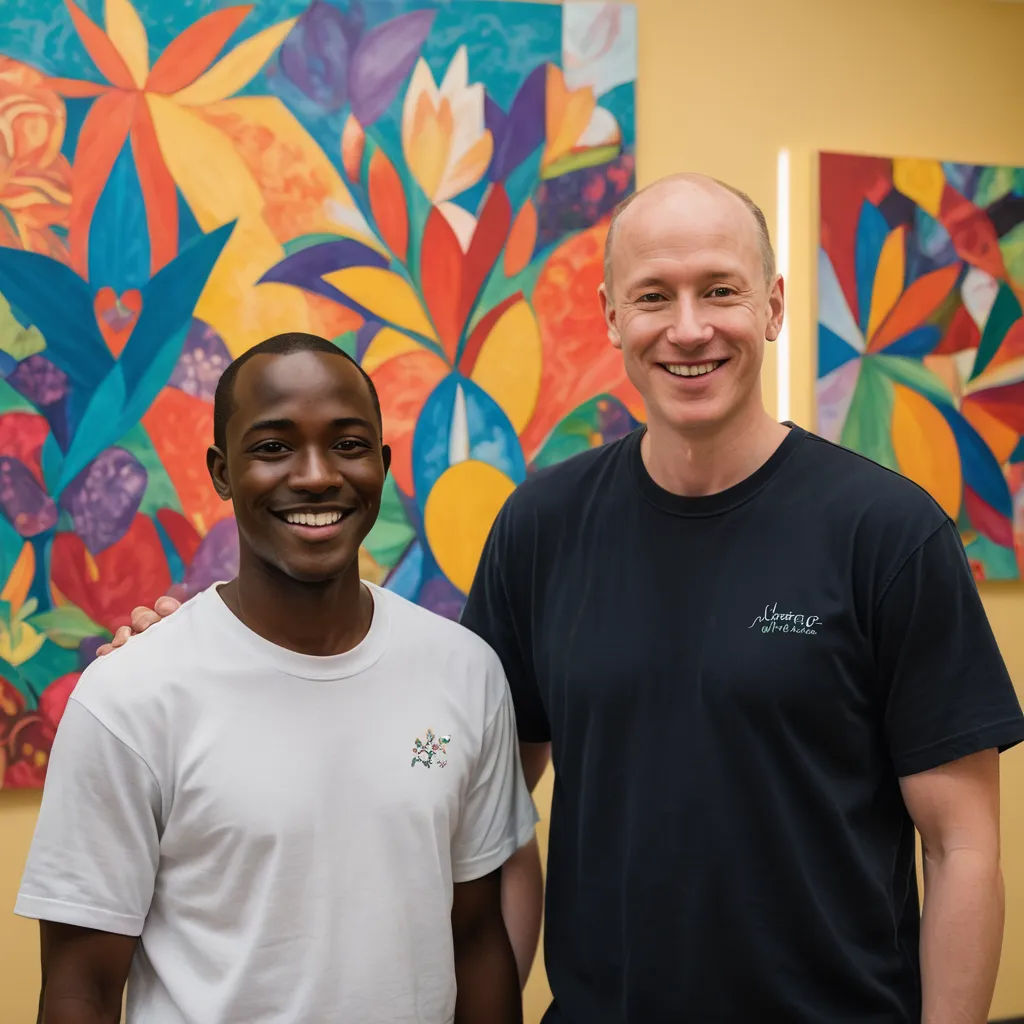 two men standing next to each other in front of a painting on a wall with a colorful flower design, american barbizon school, a stock photo, Adam Dario Keel, professional photo