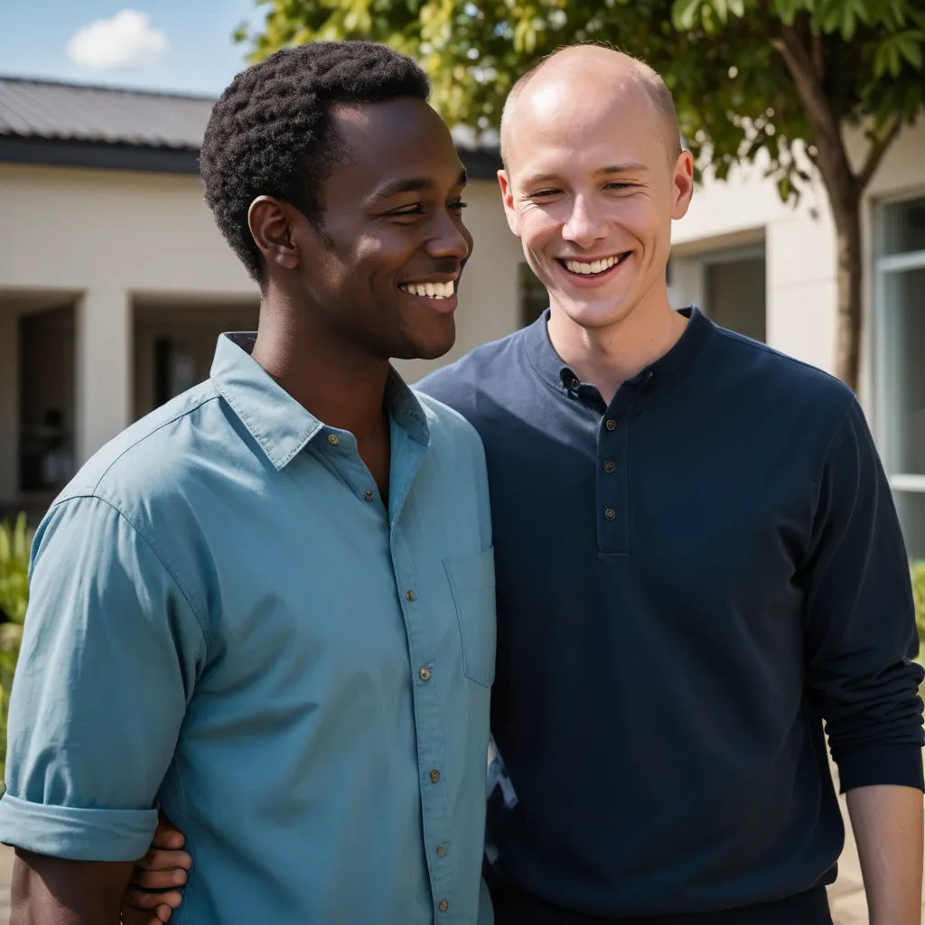 two men standing next to each other smiling at the camera with a house in the background and trees in the foreground, heidelberg school, a stock photo, Andries Both, promotional image