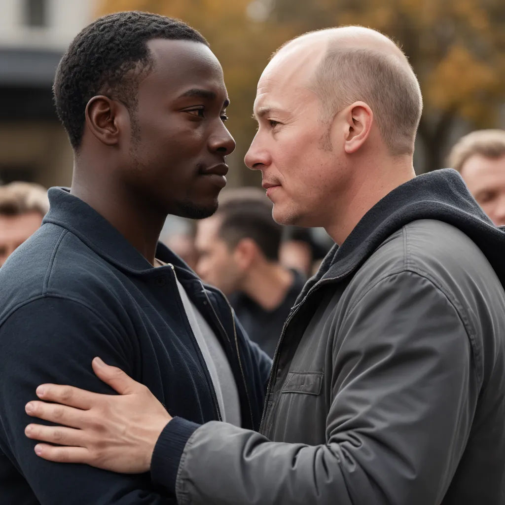 two men standing next to each other in a crowd of people, one of them is holding his head, arbeitsrat für kunst, a renaissance painting, David Park, promotional image