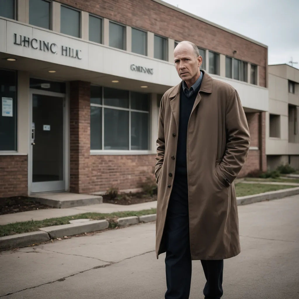 a man in a trench coat standing on a sidewalk in front of a building with a sign that reads lapolici hill, brutalism, a character portrait, Daniel Lieske, promotional image