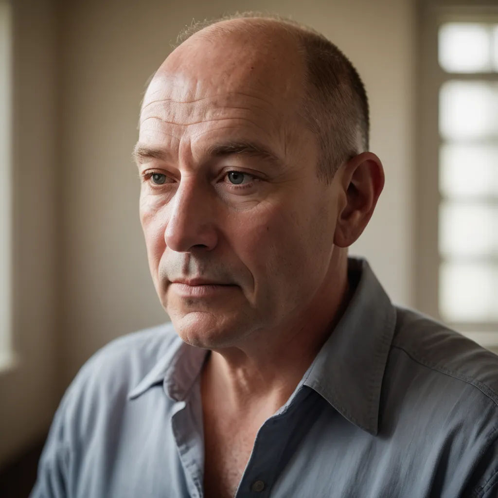 a man with a bald head looking off into the distance with a serious look on his face and chest, new objectivity, a character portrait, Derek Jarman, portrait photography