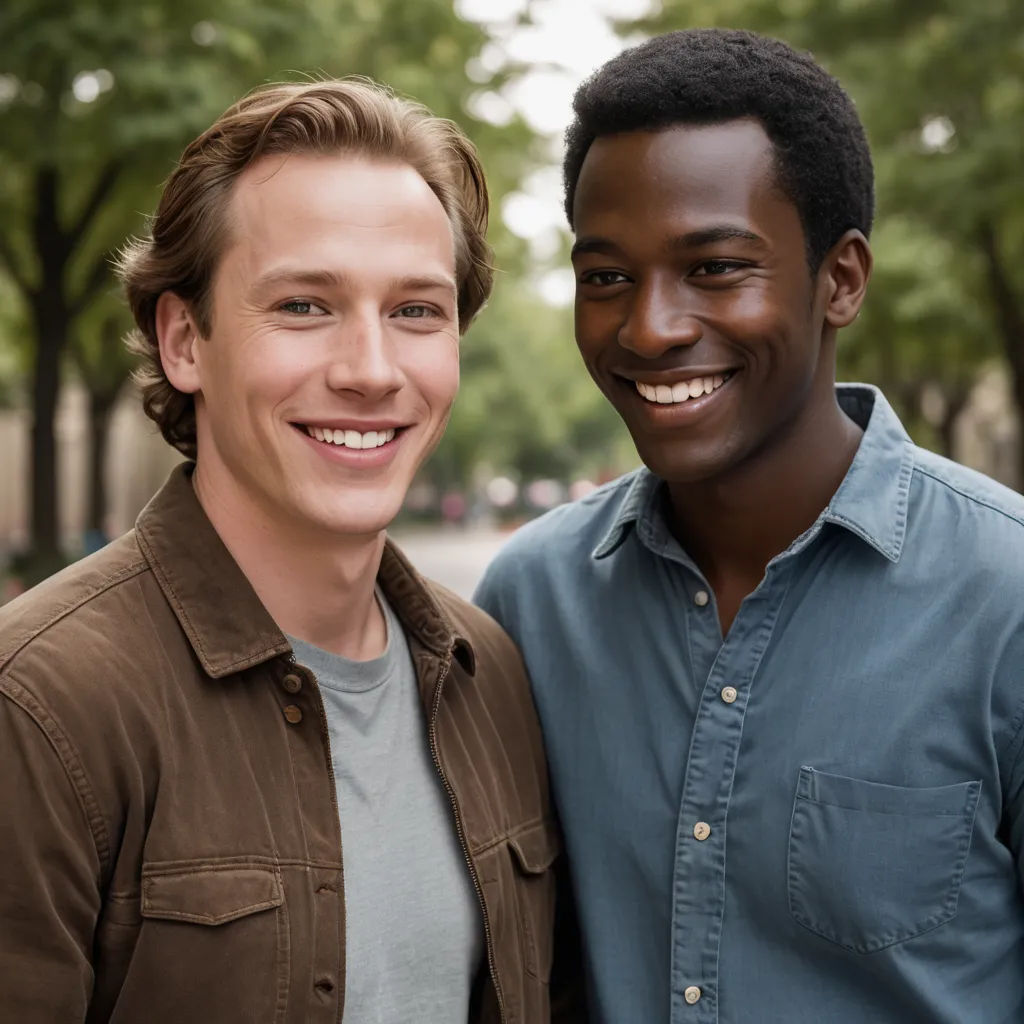 two men standing next to each other smiling for a picture together in a park area with trees in the background, heidelberg school, a poster, Christopher Wood, promotional image