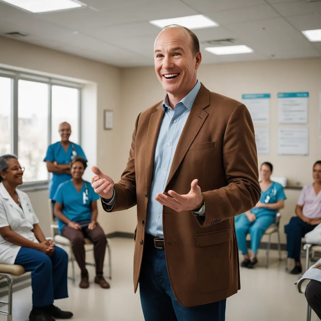 a man in a brown jacket is talking to a group of people in blue shirts and blue pants in a room, neoplasticism, a stock photo, Dr. Atl, promotional image