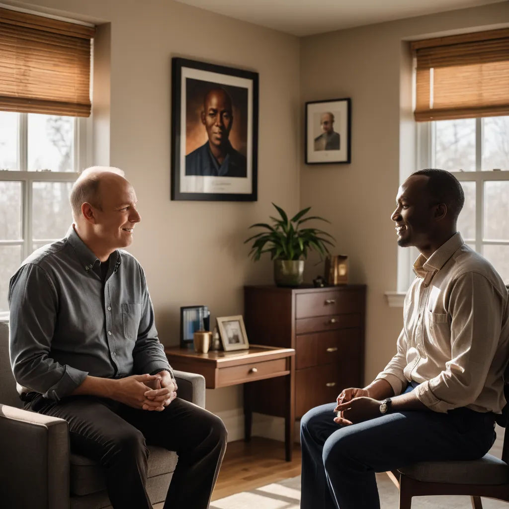 a man sitting in a chair talking to another man in a living room with a picture on the wall, new objectivity, a stock photo, Eric Zener, portrait photography