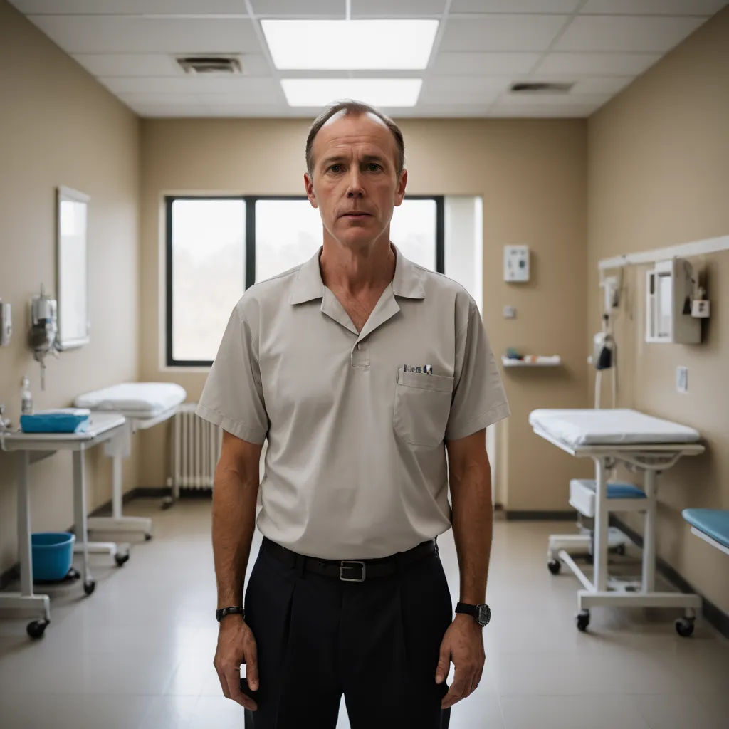 a man standing in a hospital room with a hospital bed in the background and a window in the middle, neoplasticism, a character portrait, Daniel Lieske, character portrait