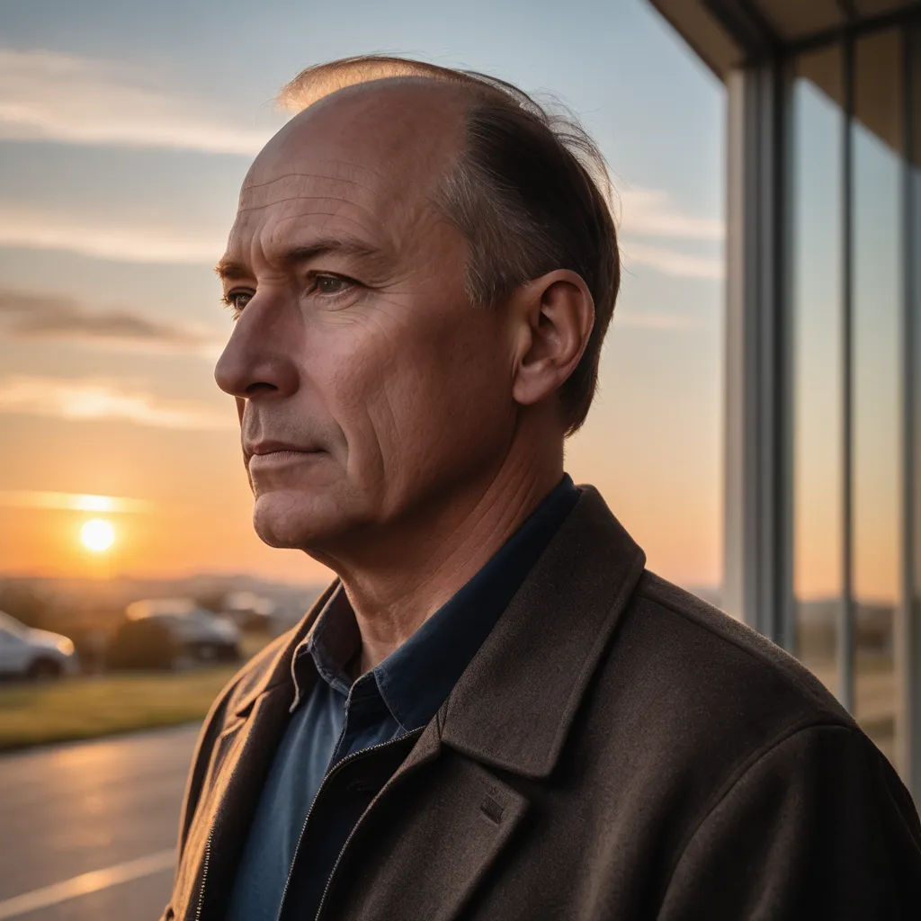 a man standing outside of a building with a sunset in the background and a plane in the background,, light and space, a character portrait, David Dougal Williams, promotional image